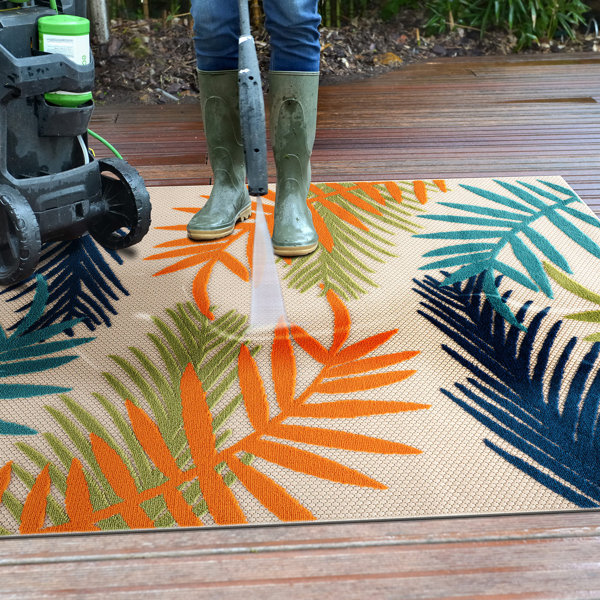 Beachcrest Home Parksley Palm Frond Indoor/Outdoor Area Rug Ivory/Orange/Navy & Reviews Wayfair